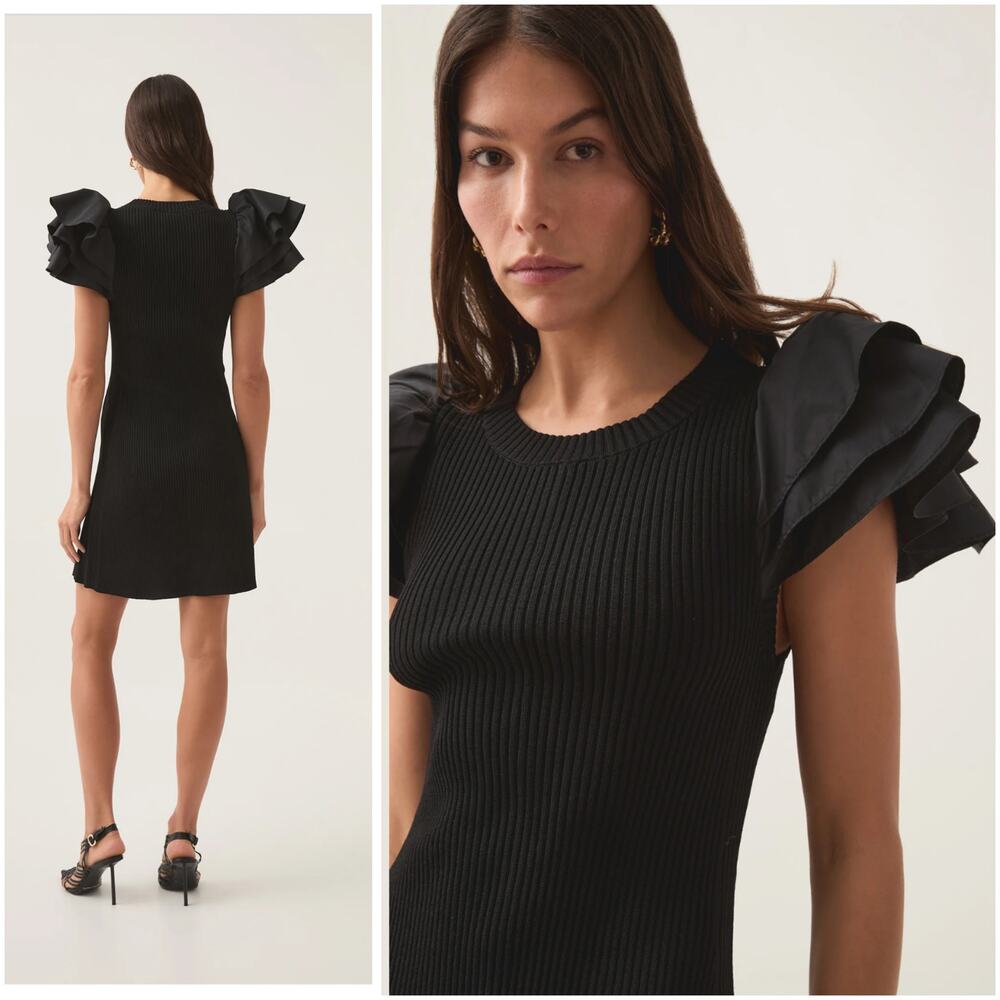 Aje Black Questa Puff Ruffle Sleeve Mini Dress XS Extra Small - Picture 2 of 7